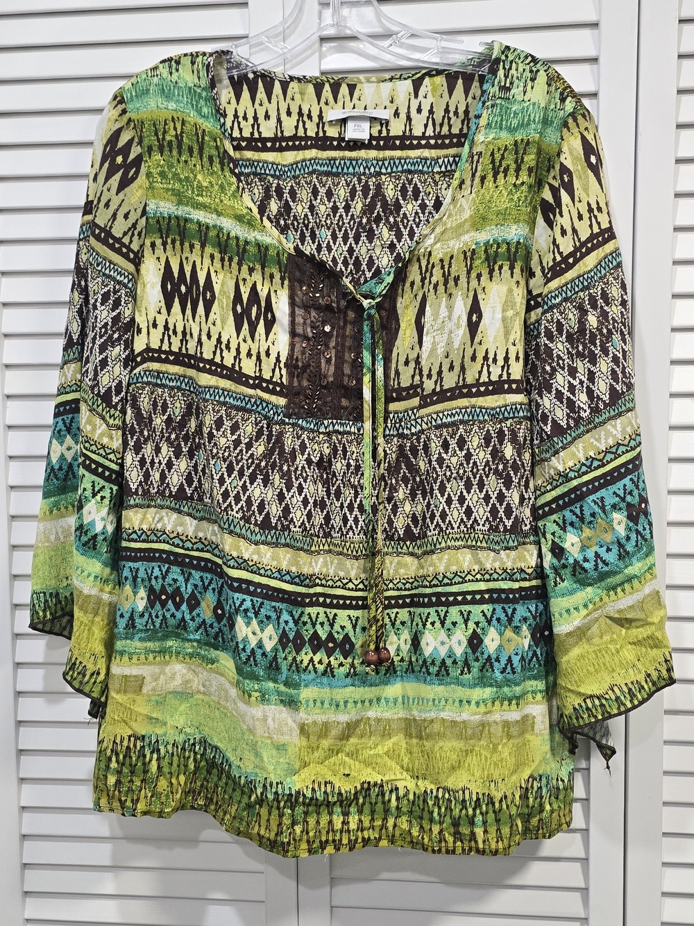 dressbarn Green and Teal Printed Boho V-Neck Tunic